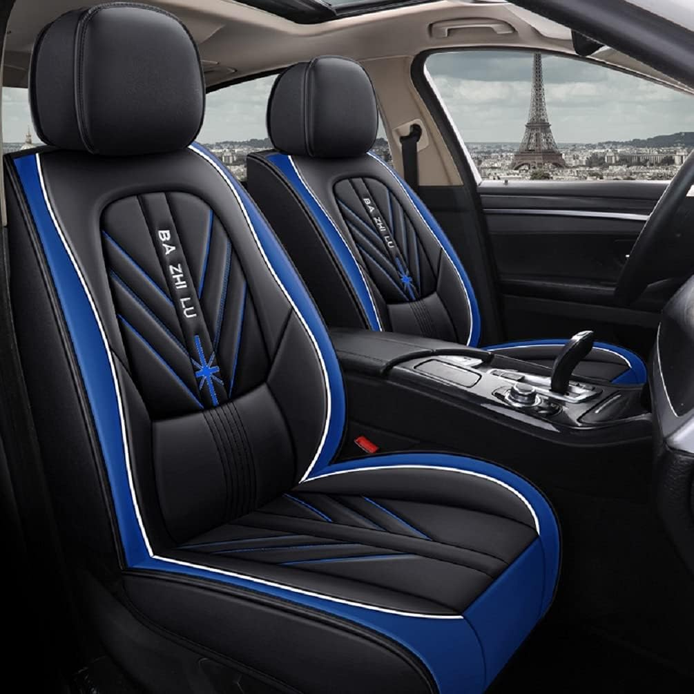 ZQY Car Seat Covers Luxury PU Leather Universal Auto Front & Rear Seat Protector Fit Sedan SUV 5 Seats Full Set Universal Fit (Black-Blue)