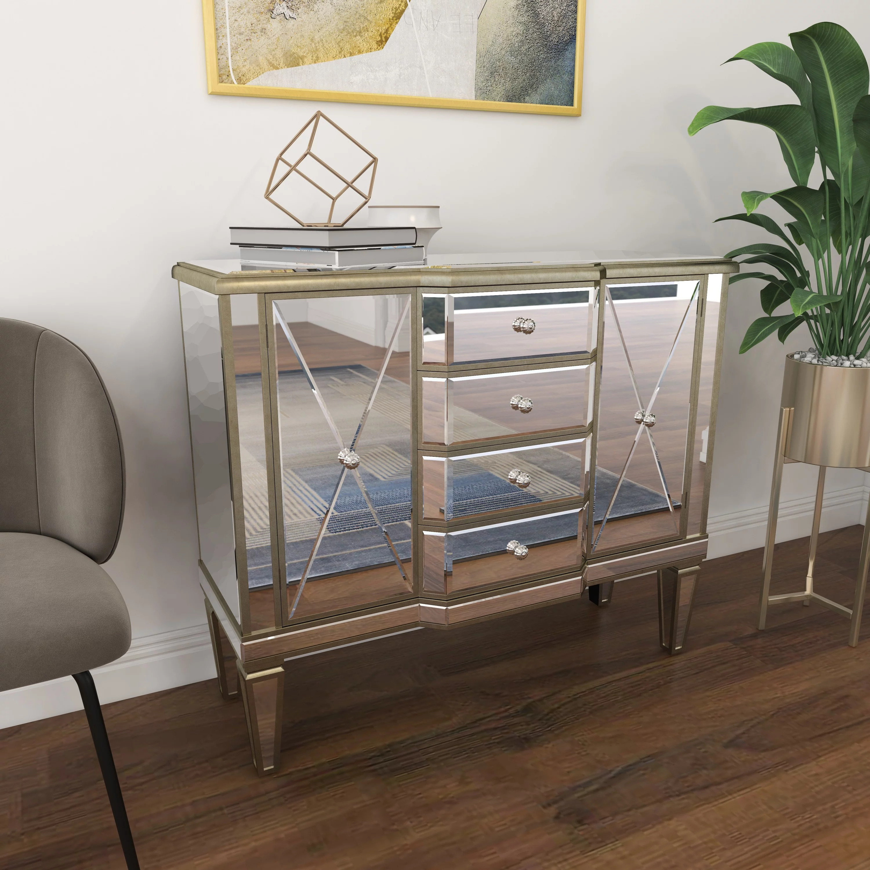 DecMode 39" x 34" Silver Wood Mirrored Panel 4 Drawers 2 Shelves and 2 Doors Buffet with Acrylic Knob Handles, 1-Piece