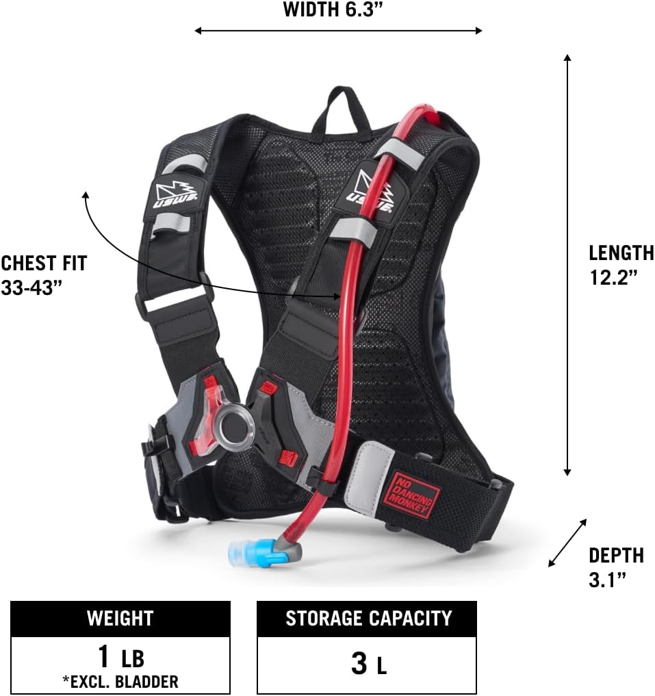 USWE Moto Hydro 3L Hydration Pack with 2.0L/ 70oz Water Bladder, a High End, Bounce Free Backpack for Enduro and Off-Road Motorcycle, Black Grey