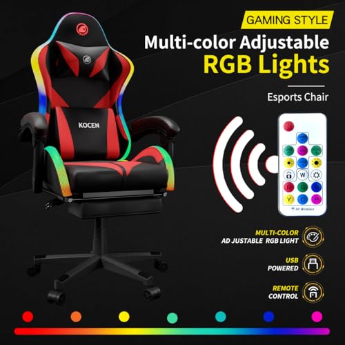Gaming Chairs for Adults Tall and Kids，Lumbar Support,LED Lights，High Back Reclining Computer Chair with Headrest (Black+Blue)