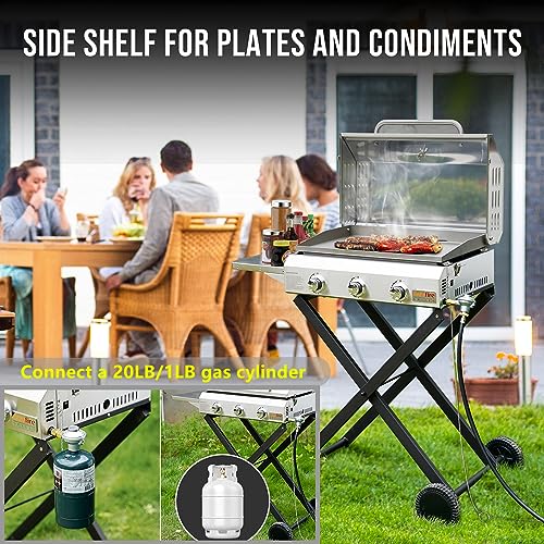 Portable Propane Gas Griddle 3-Burner with Foldable Cart & Side Table, Flat Top Gas Grill Griddle Stove with Lid