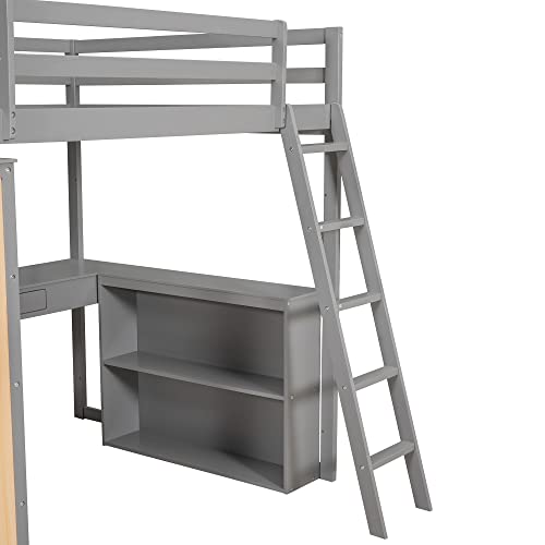 Twin Loft Bed with Staircase, Desk and Wardrobe, Wood Loft Bed with Storage Shelves and Safety Guardrail