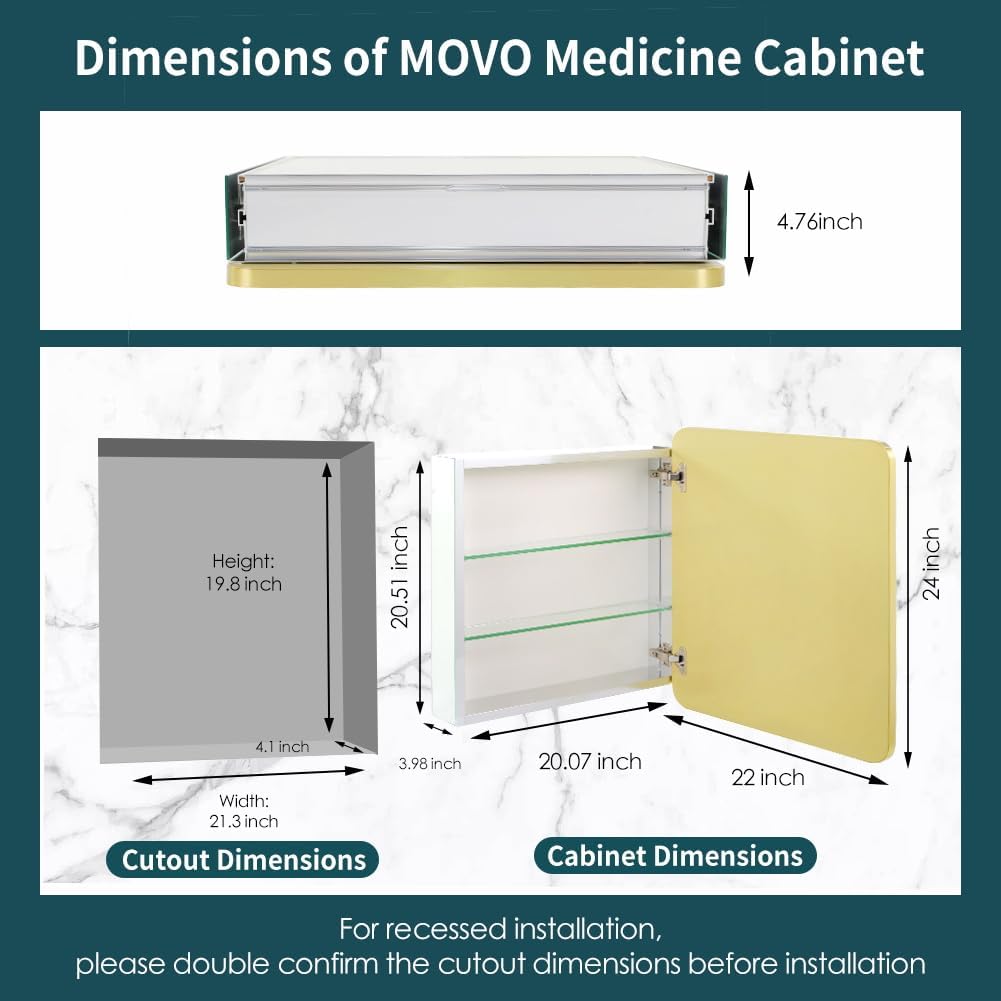 Movo Gold Bathroom Medicine Cabinet Mirror,24 inch X 22 inch Wall Mounted or Recessed Medicine Cabinet,Adjustable Glass Shelves
