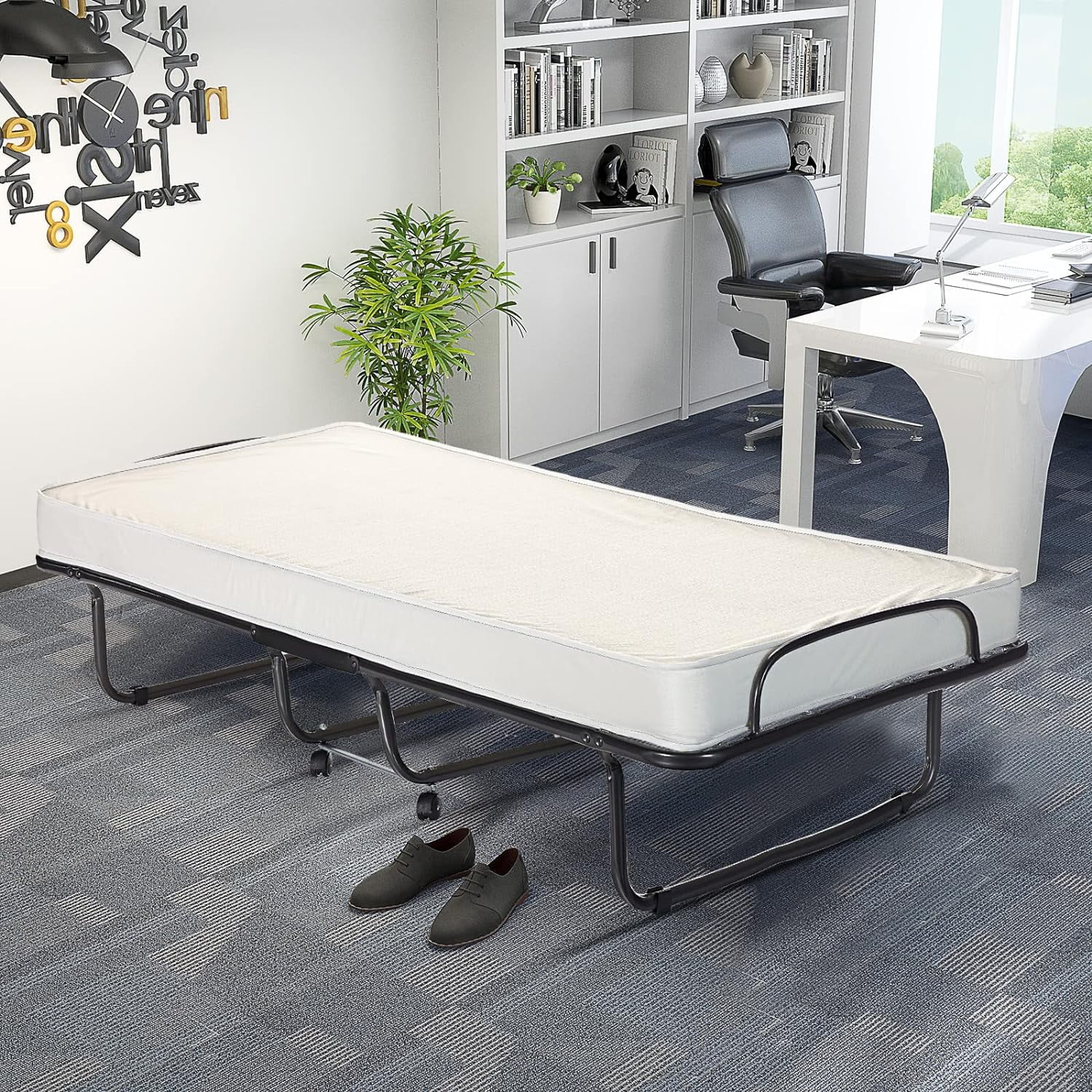 Folding Bed With Mattress Memory Foam, Foldable Bed W/Sturdy U-Shaped Metal Bed Frame, 4 Universal Wheels, Portable Guest Bed, Easy Storage