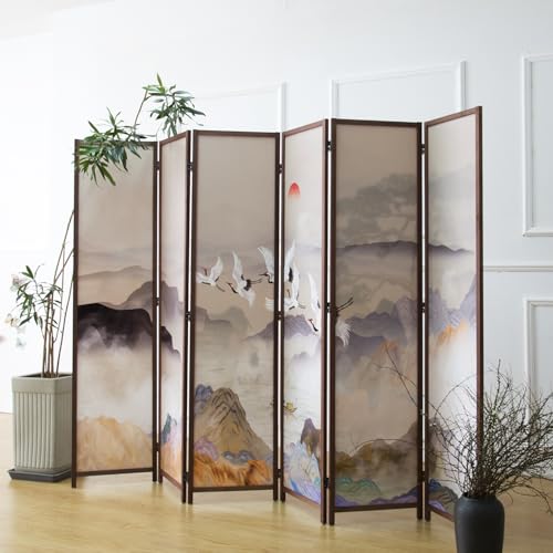 6 Panel Room Divider Screen,Double Faced Room Divider Folding Wall Divider for Room Separation,Mountains and Waters Landscape,67" H x 94.5" W