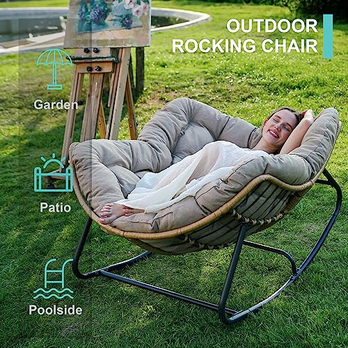 SWITTE Outdoor Rocking Chair, Oversized Patio Papasan Rocker, Comfy Wicker Reading Lounge, Indoor Egg Chair for Bedroom, Living Room, Porch, Garden