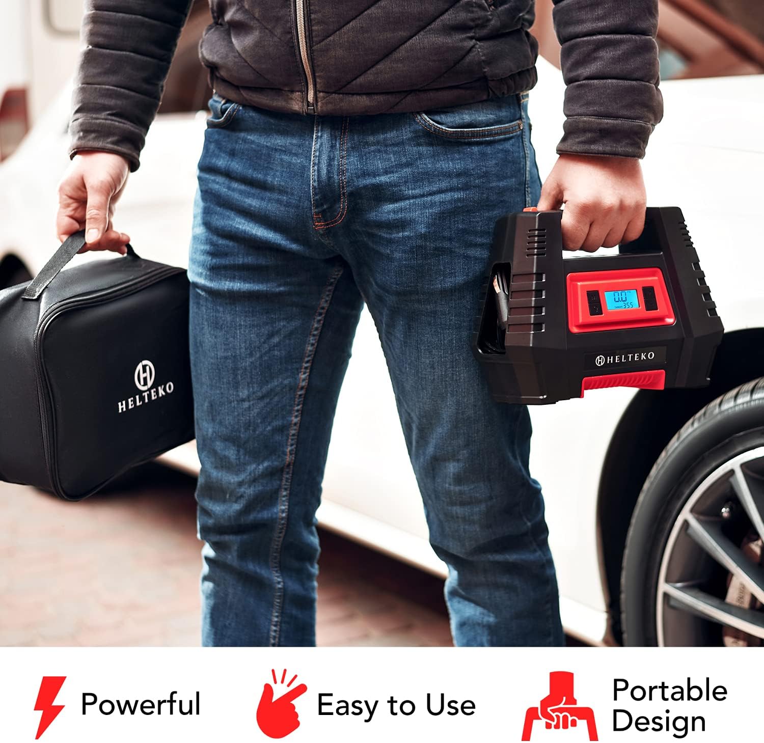 Helteko Air Compressor Tire Inflator AC/DC, Electric Digital Tire Pump for Car 12V and Home 110V, Portable Air Pump with Auto Shut-Off