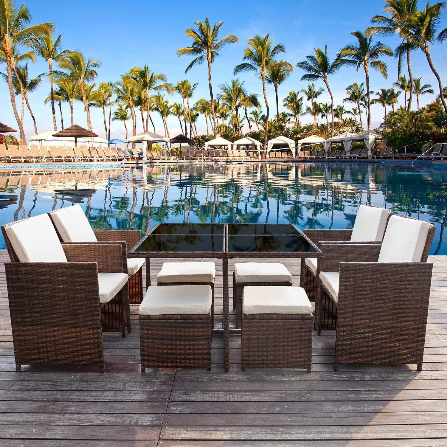 Vineego 9 Pieces Patio Dining Sets Outdoor Furniture Patio Wicker Rattan Chairs and Tempered Glass Table Sectional Set Conversation Set Cushioned