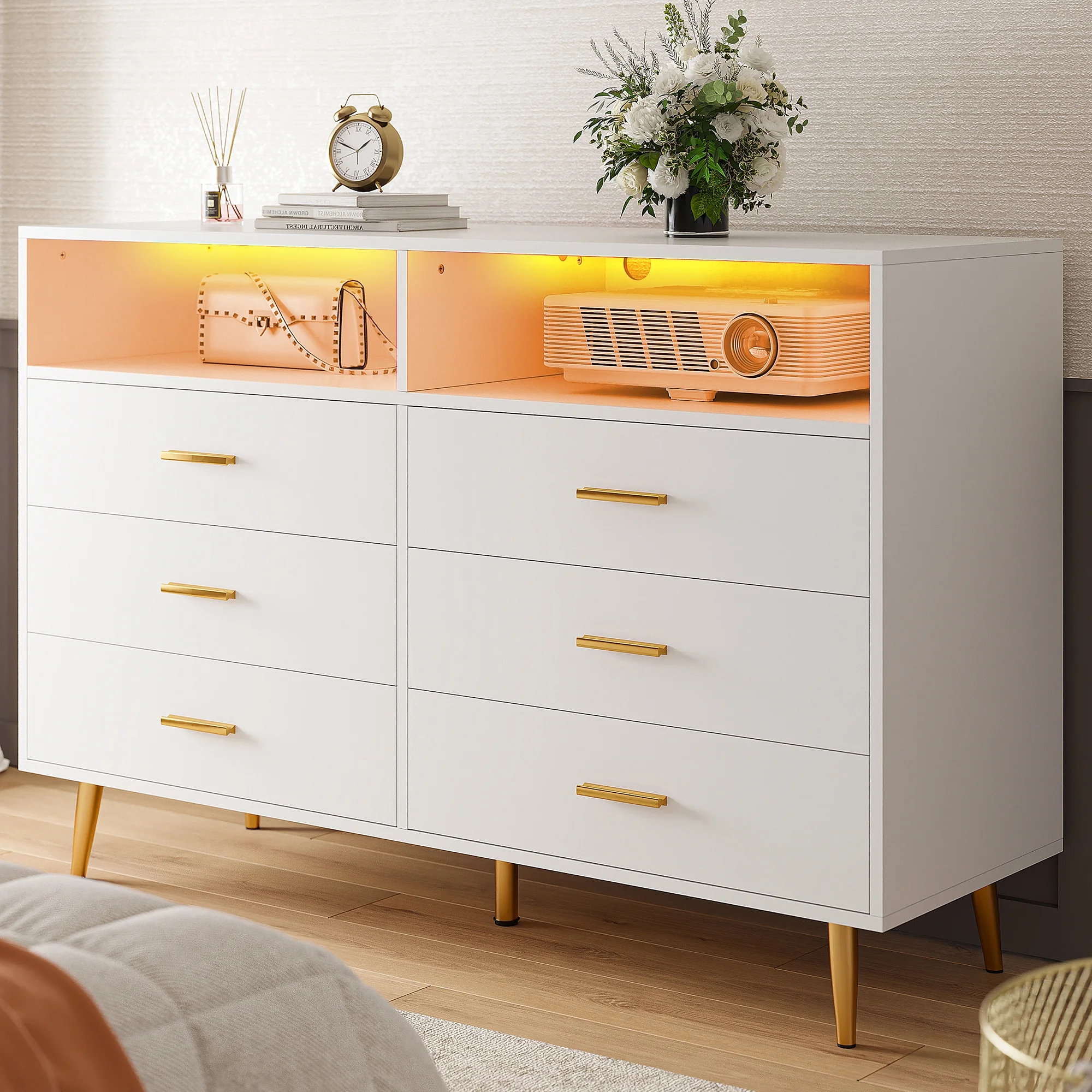 EnHomee Dresser, White Dresser with 6 Deep Drawers, Drawer Dresser with LED Lights, TV Stand Dressers & Chests of Drawers Wood Dresser for Bedroom