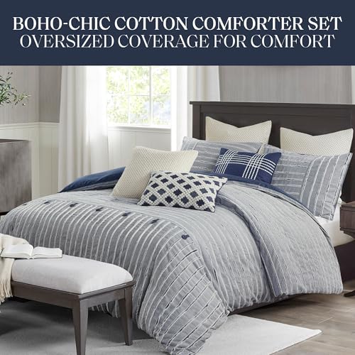 Madison Park King Comforter Set Clipped Jacquard Stripes with Buttons Boho Comforter for a King-Size Bed