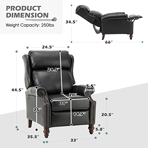 HULALA HOME Genuine Leather Manual Recliner,Push Back Recliner Chair with Solid Wood Legs, Wingback Recliner with Nailhead Trim