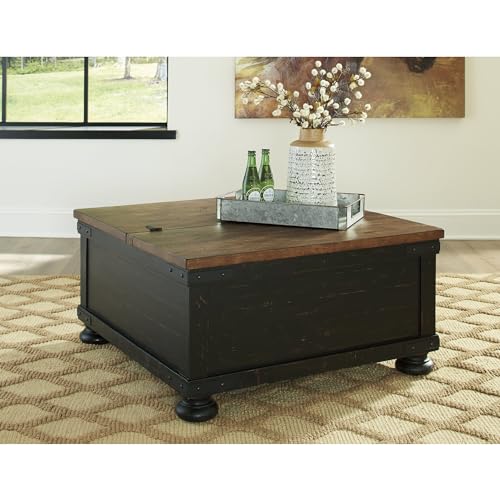 Signature Design by Ashley Valebeck Farmhouse Lift Top Coffee Table with Storage, Distressed Brown & Black Finish