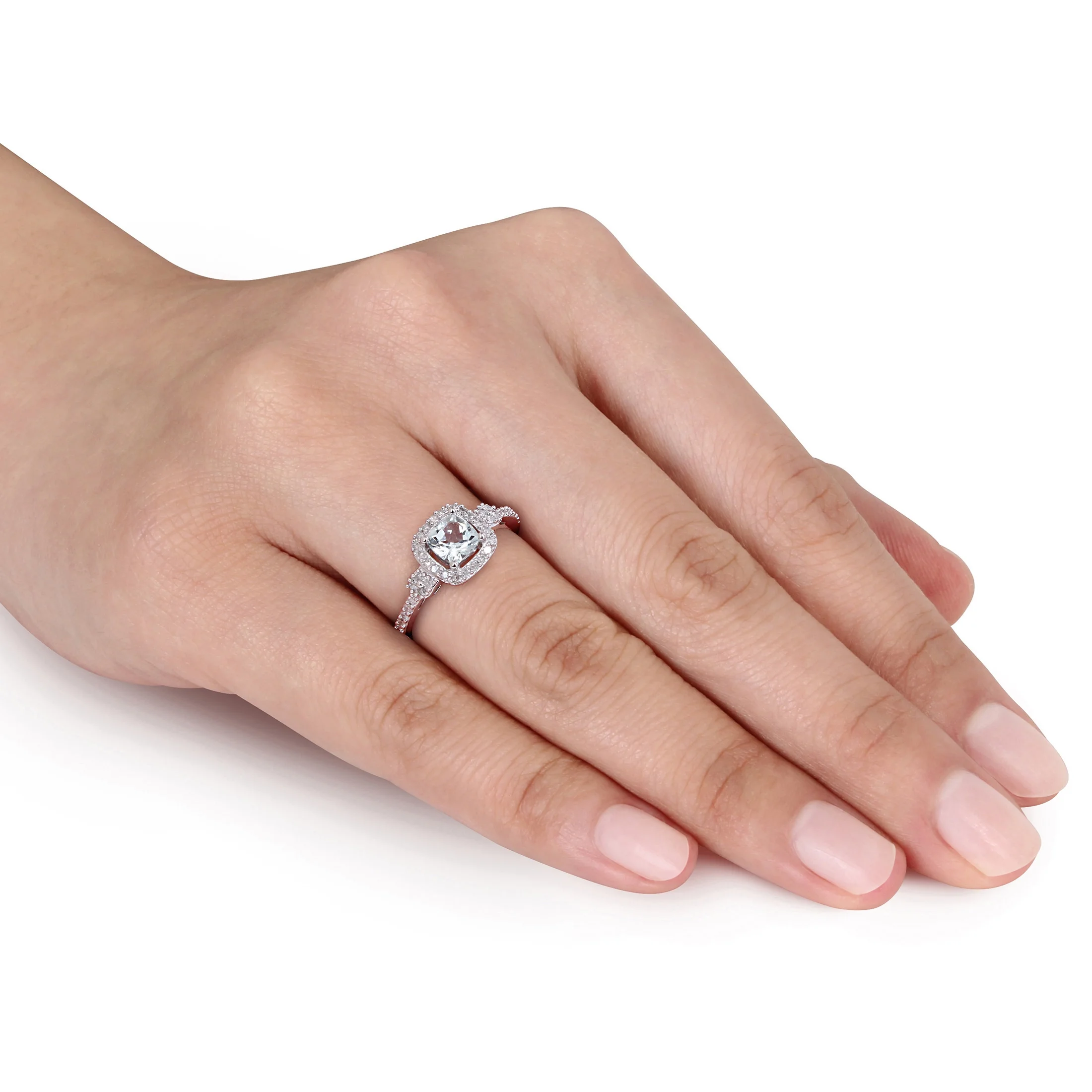 Miabella Women's 1/2 Carat T.G.W. Cushion-Cut Aquamarine and 1/6 Carat T.W. Diamond 10kt White Gold Square Halo Ring