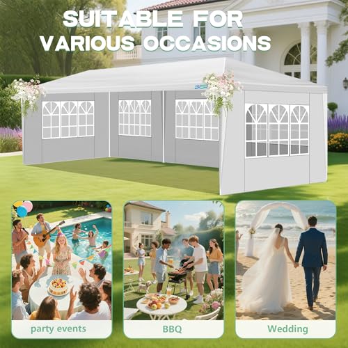 10X30FT Canopy Tent, White Pole Tents for Parties, Wedding, Events and Birthday, Outdoor Party Tent with 5 Removable Sidewalls