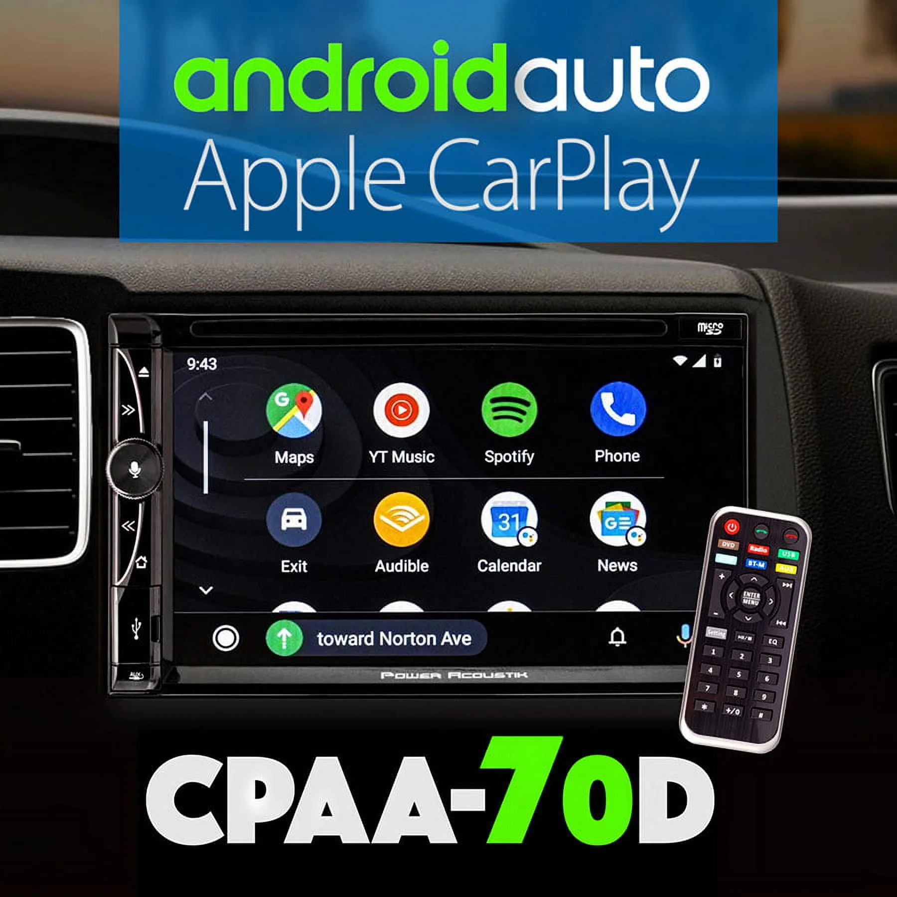 Power Acoustik CPAA-70D 2-Din 7 DVD/Carplay/Android/Bluetooth/USB Car Receiver