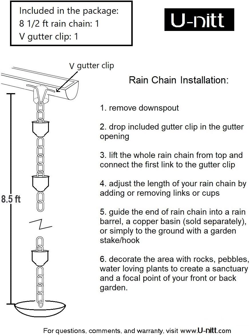 U-nitt Rain Chains, Roof Gutter Downspout/Spout Channel, Rainwater Water Catcher/Diverter, 8.5 feet Length, Metal, Antiqued Pure Copper