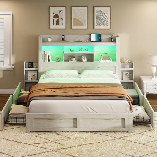 AMERLIFE Queen Bed Frame with 4 Storage Drawers, LED Platform Bed with 49" Bookcase Headboard
