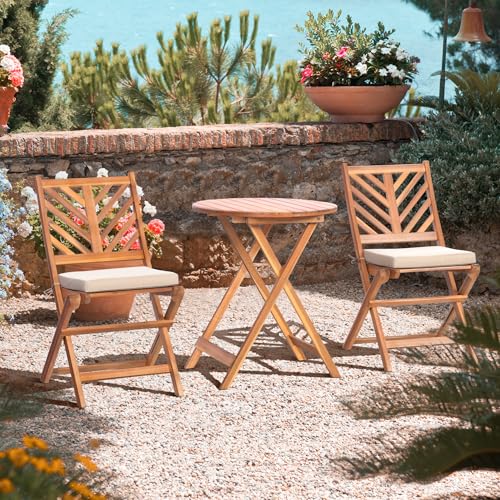 3-Piece Acacia Wood Patio Set, Foldable Bistro Table and Chairs Set of 2,Small Patio Furniture Set with Cushions