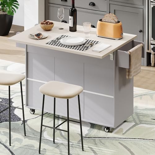 53.5'' Farmhouse Kitchen Island with Power Outlet, Kitchen Storage Island with Drop Leaf, Spice Rack and Drawer