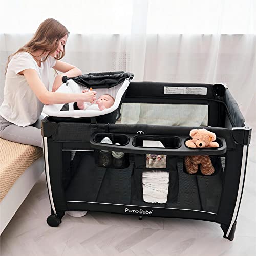 Pamo Babe 4 in 1 Portable Baby Crib Deluxe Nursery Center, Foldable Travel Playard with Bassinet, Mattress, Changing Table for Newborn, Infant