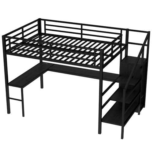 SOFTSEA Queen Size Loft Bed with LED Lights & USB Ports, Heavy Duty Metal Loft Bed with L Shaped Desk & Storage Stairs