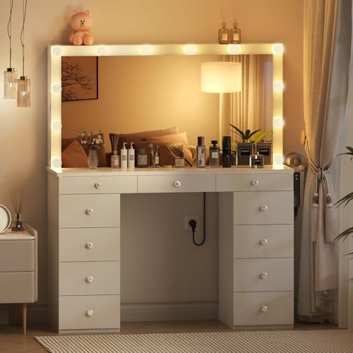 Likein Vanity Desk with Mirror and Lights, White Vanity with Jewelry Storage Cabinet, Makeup Dressing Table with 11 Drawers, Charging Station