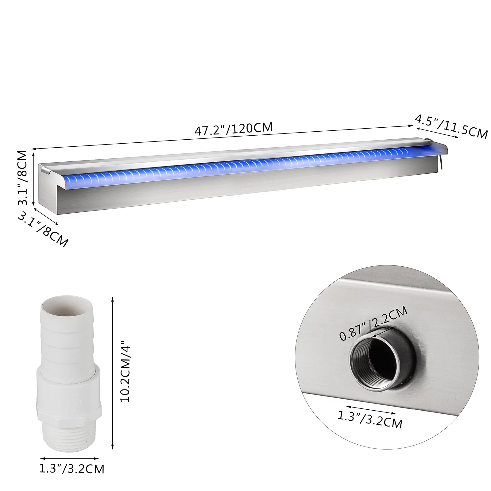 VEVOR Pool Fountain 47.2" x 4.5" x 3.1" Stainless Steel Pool Waterfall with LED Strip Light Waterfall Spillway with Pipe Connector Rectangular Garden