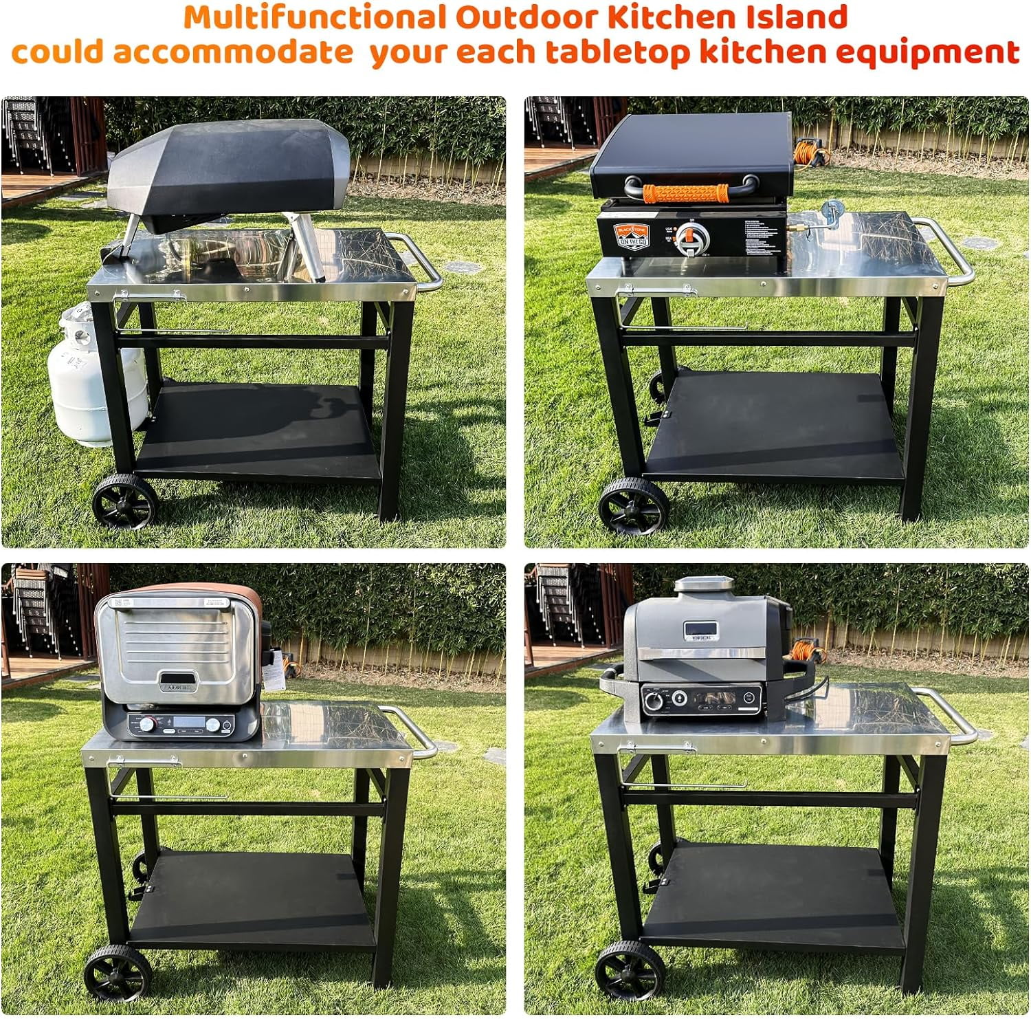GRILL FORCE Outdoor Grill Cart Table,Movable Dining Cart Table, Pizza Oven Table Stand,Food Prep and Work Table Cart,BBQ Grill Carts with Wheels