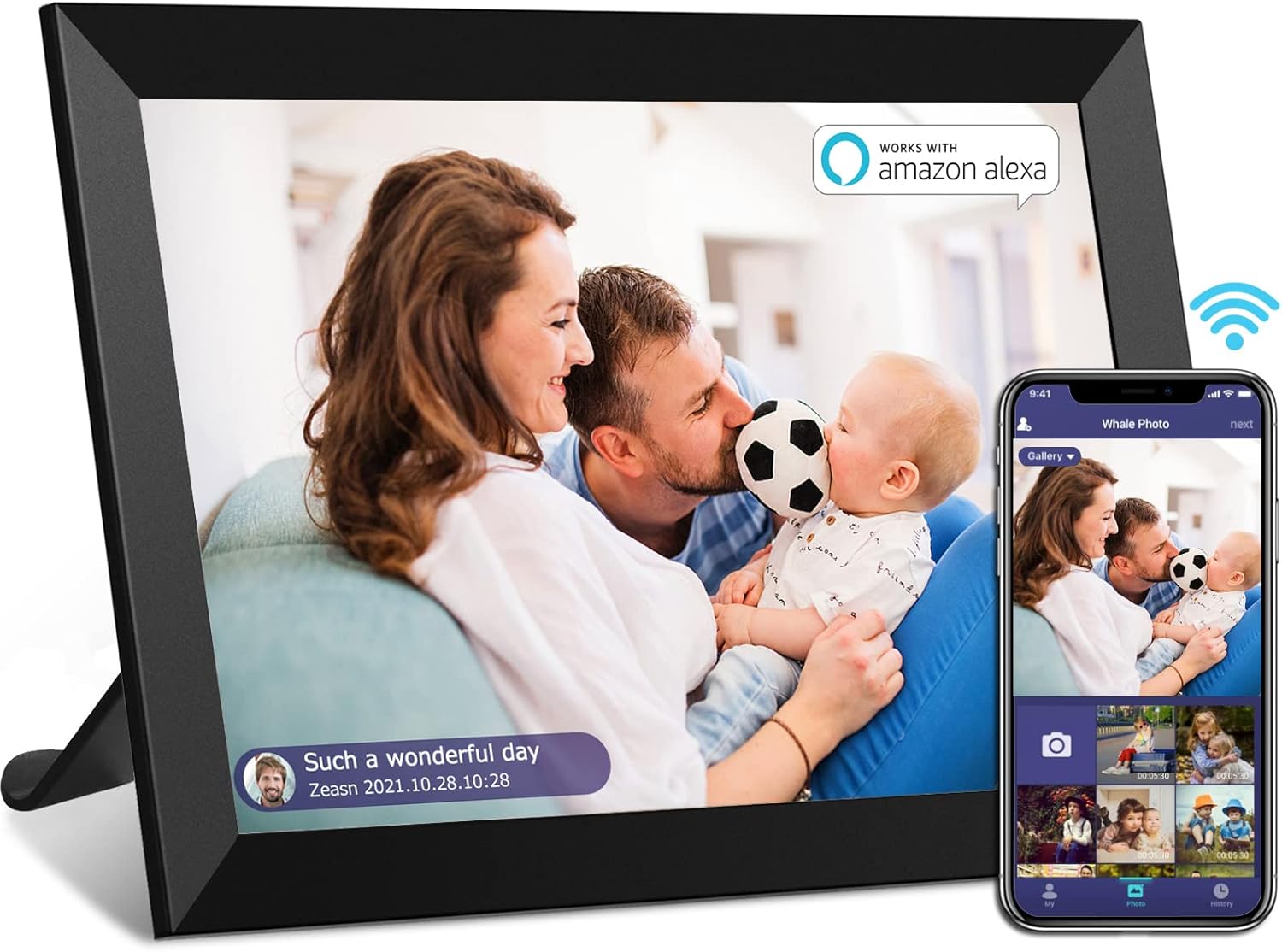 WiFi Digital Photo Frame 10.1 inch Work with Alexa Voice Control HD IPS Touch Screen, Built-in16GB Storage, Auto-Rotate Wall-Mountable