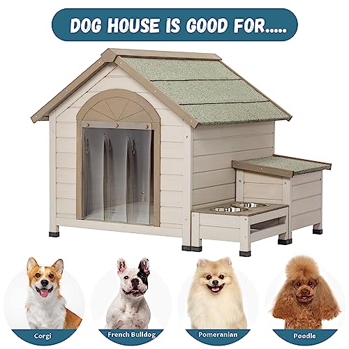Outdoor Wooden Dog House,Waterproof Kennel with Deck and Sloped Roof,High Stability Pet Dog Cage for Small/Medium Puppy