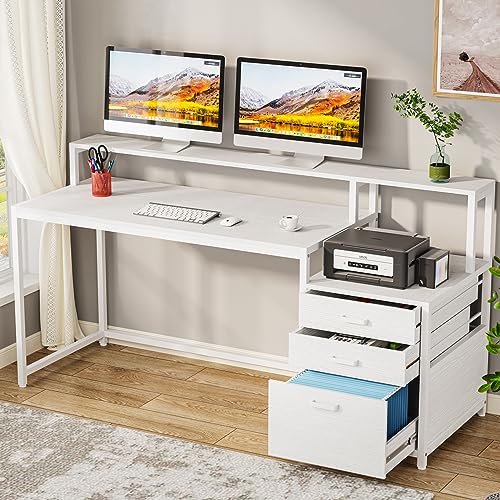Tribesigns 63 Inch Computer Desk with File Drawer Cabinet, Ergonomic Office Desk with Monitor Stand, Industrial Computer Table with Printer Space