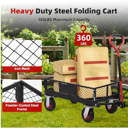 880lbs Steel Garden Dump Cart, Heavy Duty Yard Dump Utility Wagon w Removable Mesh Sides, Utility Metal Wagon w 180° Rotating Handle