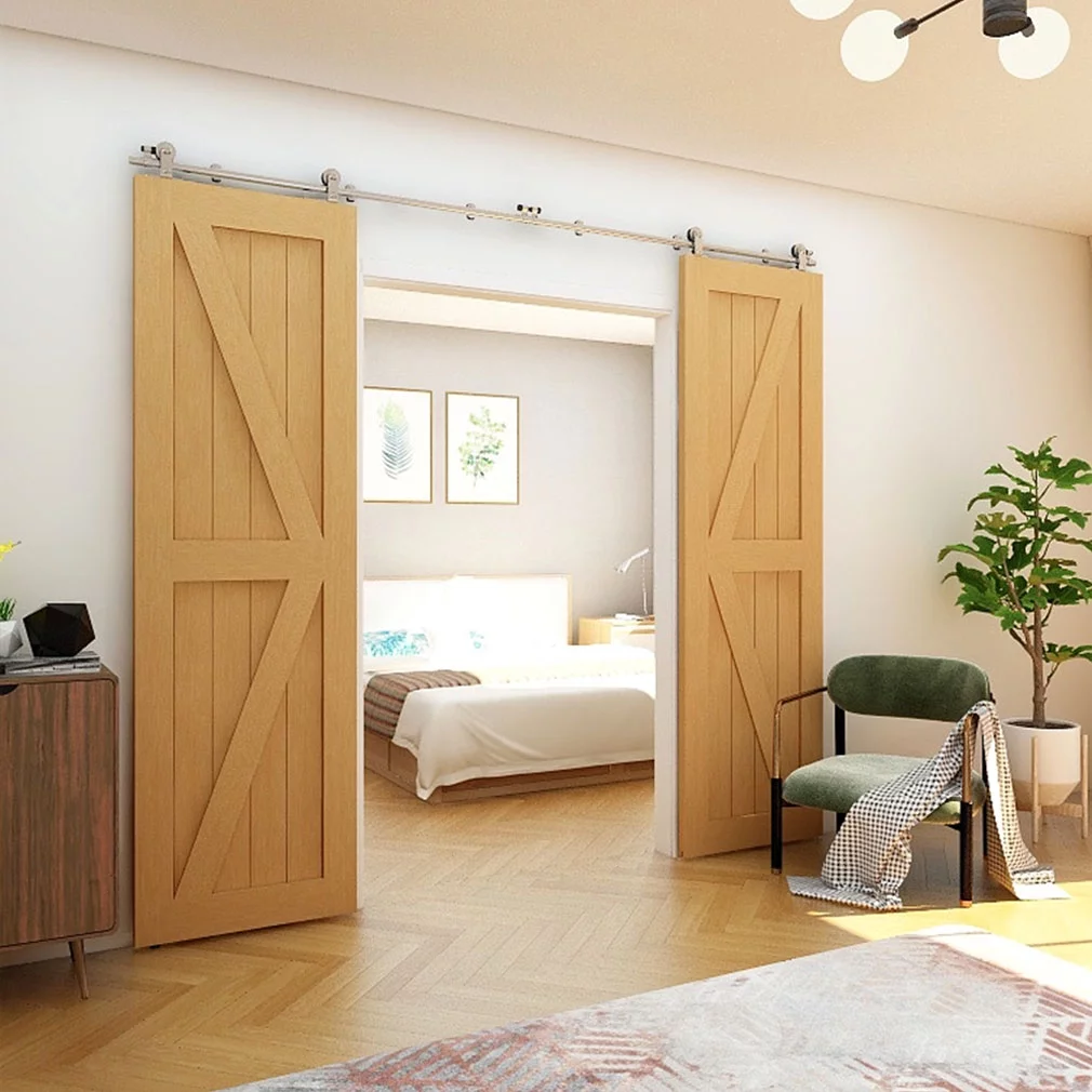 CCJH 14Ft Stainless Steel Sliding Barn Door Hardware Kit Heavy Duty Fit 42" for Double Wood Door