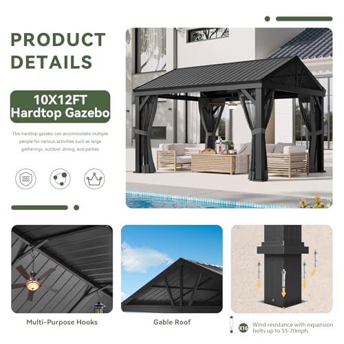Aoxun 10' X 12' Hardtop Gazebo, Aluminum Outdoor Gazebo with Galvanized Steel Gable Roof Canopy, Patio Permanent Metal Pavilion with Netting