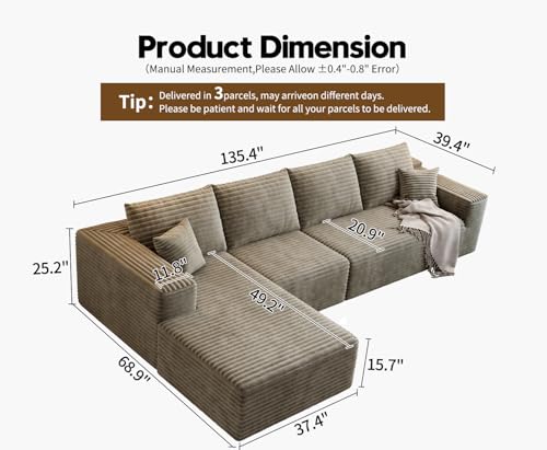 107.5" Cloud Modular Sectional Sofa with 1 Ottoman,Modern Minimalist Upholstered Couches, Comfort U Shaped Sofa for Living Room