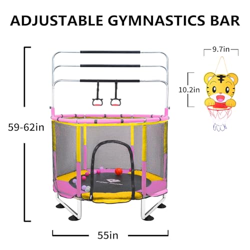 Trampoline for Kids, 5FT Adjustable for Toddler, Indoor/Outdoor Baby Trampoline with Enclosure Net, No-Gap Safe Design, Gifts for Boys & Girls