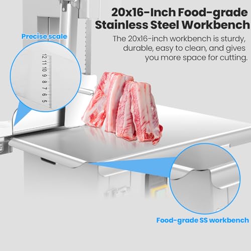 1000W Electric Bone Saw Machine, 18x14" Stainless Steel Worktable, Cuts 0.04-3.9" Thickness, Frozen Meat Cutter with 8 Blades Included