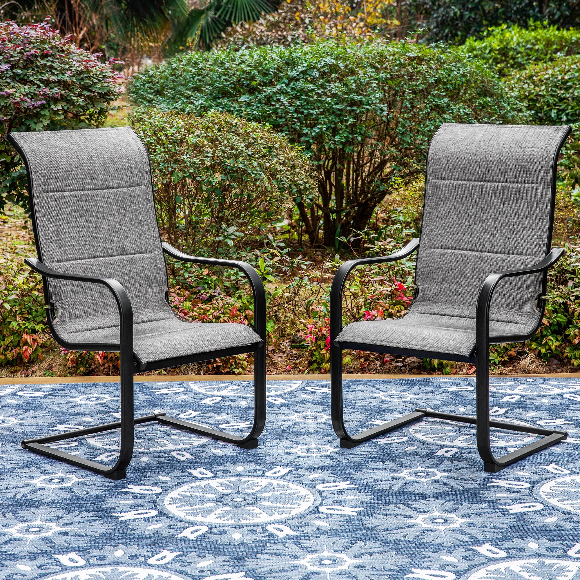 MF Studio 7 Pieces Outdoor Patio Dinning Set with 6 C Spring Textilene Chairs and 1 Metal Extendable Dining Table for 6 Person,Black&Gray