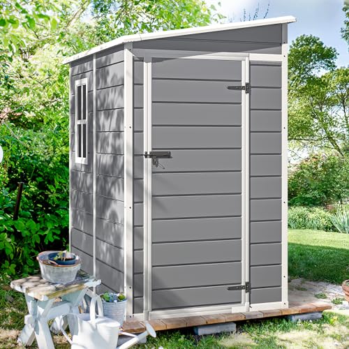 DWVO 5x3ft Resin Outdoor Storage Shed with Floor, Waterproof Lockable Storage Shed with Window, Plastic Outside Tool Storage for Garden, Backyard
