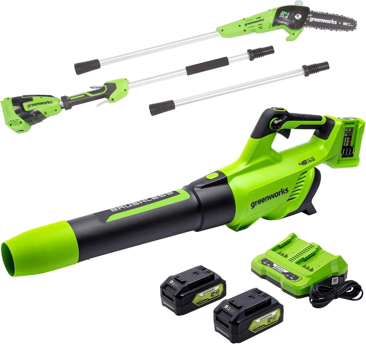 Greenworks 48V (2 x 24V) Brushless Cordless Axial Blower (140 MPH / 585 CFM), (2) 4.0Ah USB Batteries (USB Hub) and Dual Port Rapid Charger Included