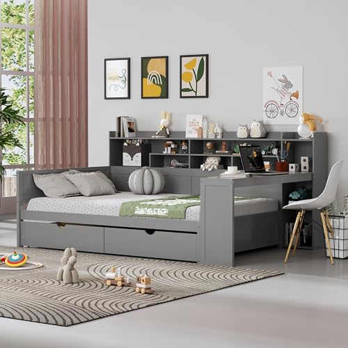 Corner Twin Bed Frame with Bookcase Storage and Desk, Wood Day Beds with 2 Drawers, Twin Size Daybed with Storage for Living Room