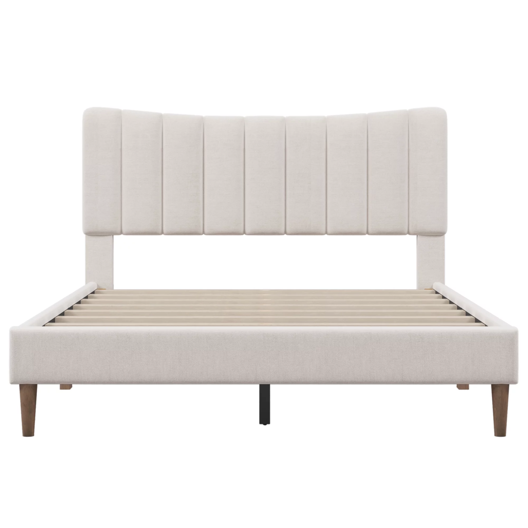 Paproos Bed Frame Queen, New Upgraded Upholstered Platform Bed with Vertical Channel Tufted Headboard, Solid Wood Legs, No Box Spring Needed
