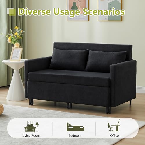 3-in-1 Sleeper Sofa Bed, 51'' Convertible Folding Couch with Pullout Bed, Chenille Futon Sleeper Sofa with Side Table and 2 Pillows