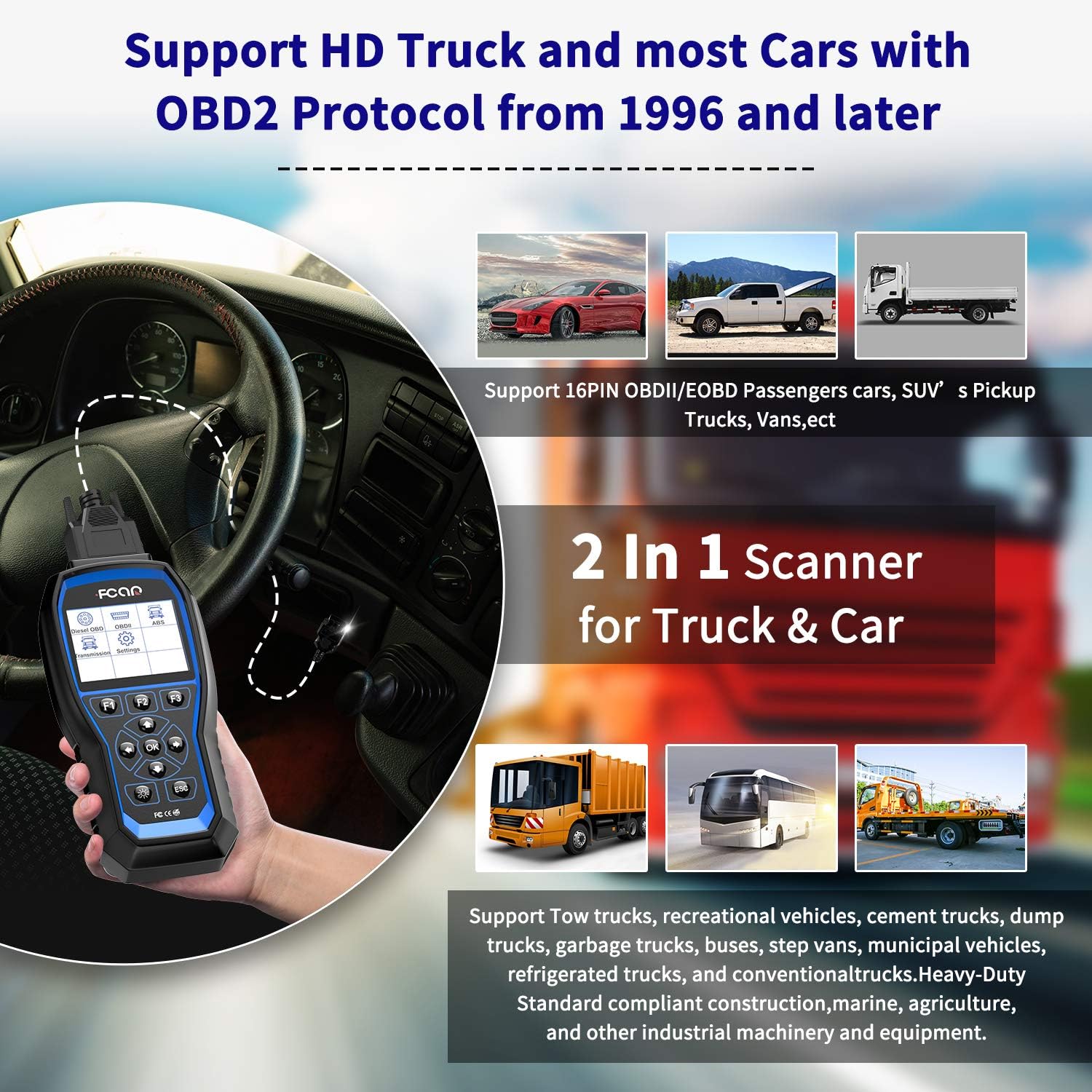 FCAR F507 Heavy Duty Truck Scanner, 2 in 1 Car OBD2 Scanner&HD Truck Scan Tool