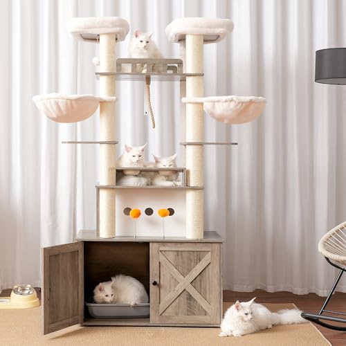 Heybly Cat Tree for Maine Coon with Litter Box Enclosure, 72-inch Wooden Cat Tower for Indoor Cats Large Adult, Big Condo with Food Station, Baskets