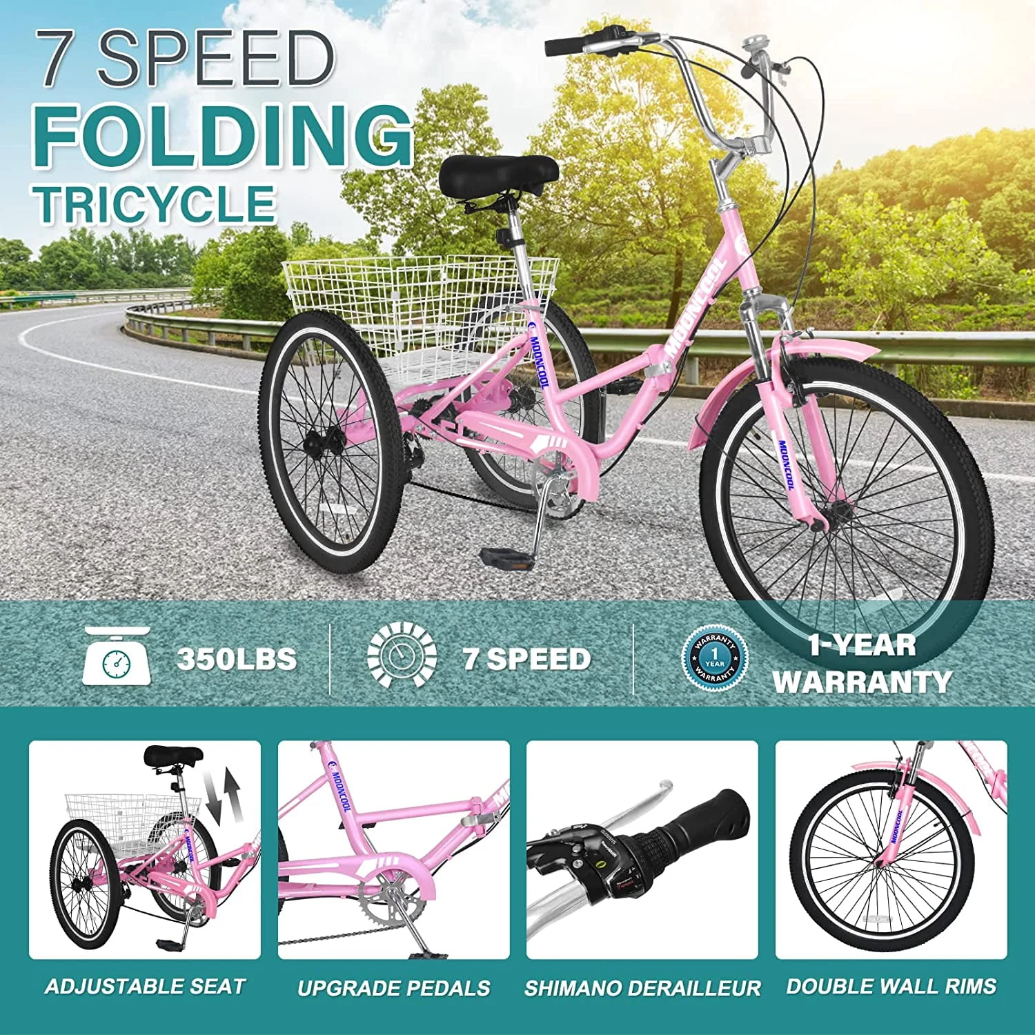 MOONCOOL Adult Folding Tricycle for Adults, 7 Speed 20/24/26 inch 3 Wheels Bikes with Basket, Foldable Tricycle for Adults, Women, Men, Seniors