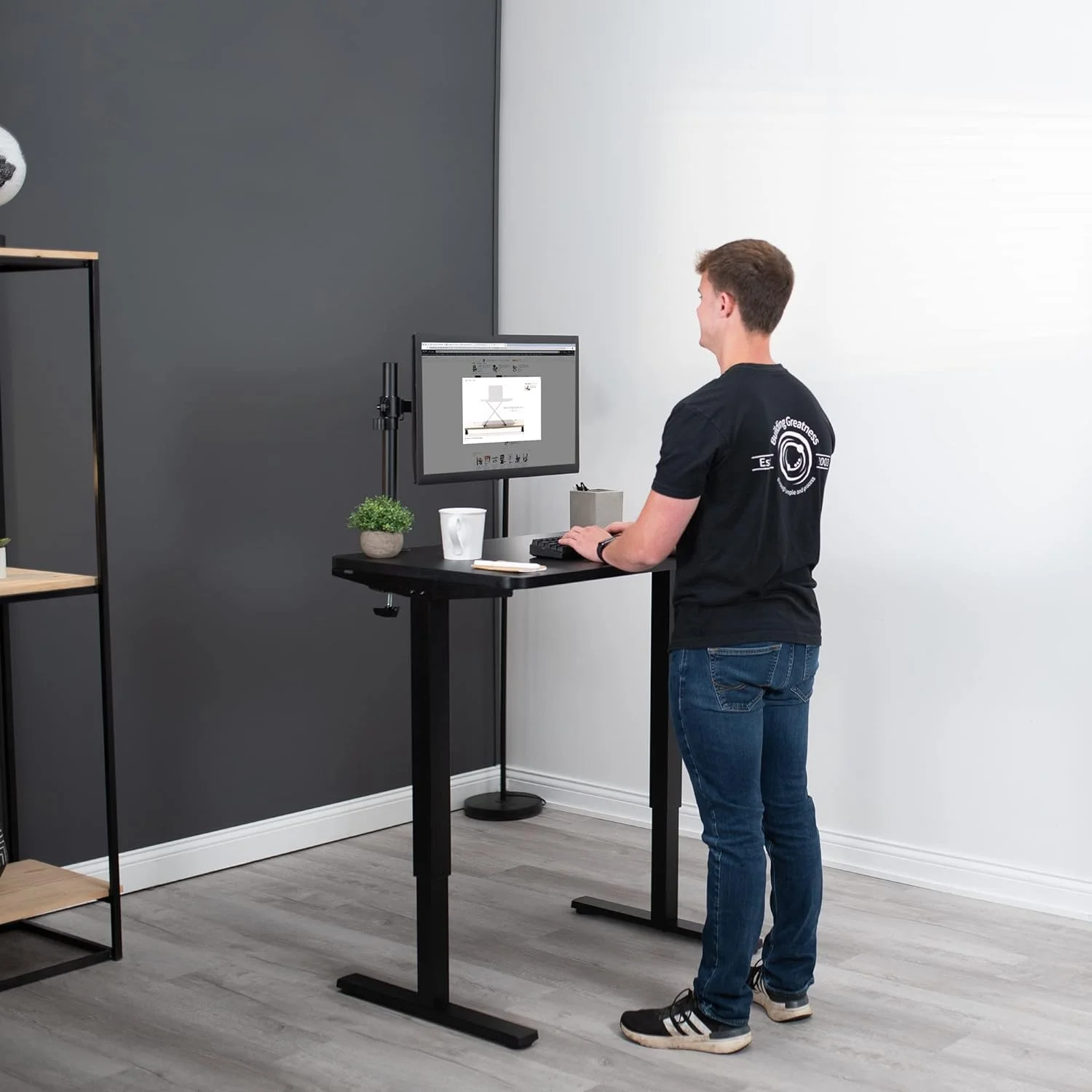 Manual Height Adjustable 36 X 24 Inch Stand Up Desk, Black Solid One-Piece Table Top, Black Frame, Standing Workstation With Hand Crank, DESK-KIT-CB3B