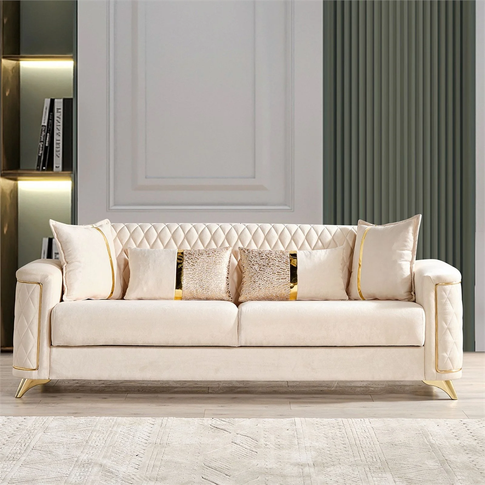 Luna Sofa Finished in Velvet Fabric made with wood in Ivory Color