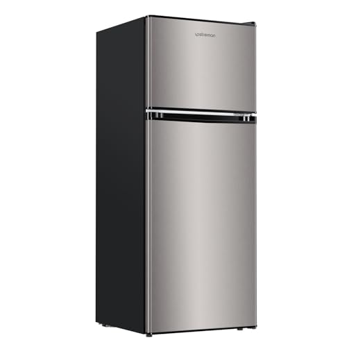 Upstreman 4.0 Cu.Ft. Small Refrigerator with Freezer, Dorm Essentials, Double Door Mini Fridge for Office, Dorm, Bedroom, Adjustable Thermostat