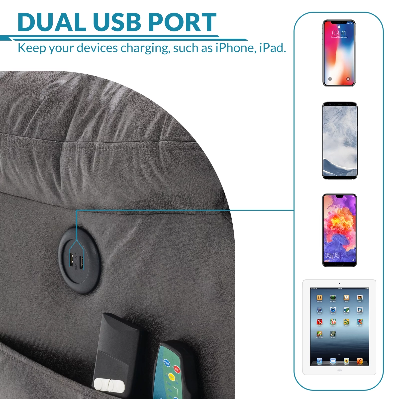 OUINCH Large Dual Motor Lay Flat Sleeper Power Lift Recliner Chair for Elderly with Heat and Massage, 2 Remote Controls, 2 USB Ports & 2 Side Pockets